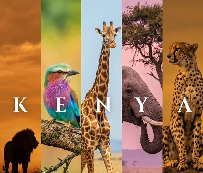 KENYA — lion, lilac-breasted roller, giraffe, elephant and cheetah across the savanna